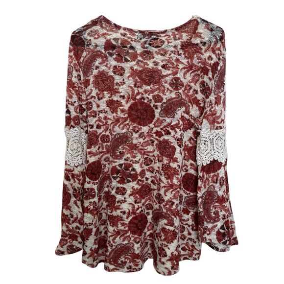 Style & Co | Auburn Rust Peasant Top Floral Flare Sleeve Crochet Petite Medium - Picture 3 of 7